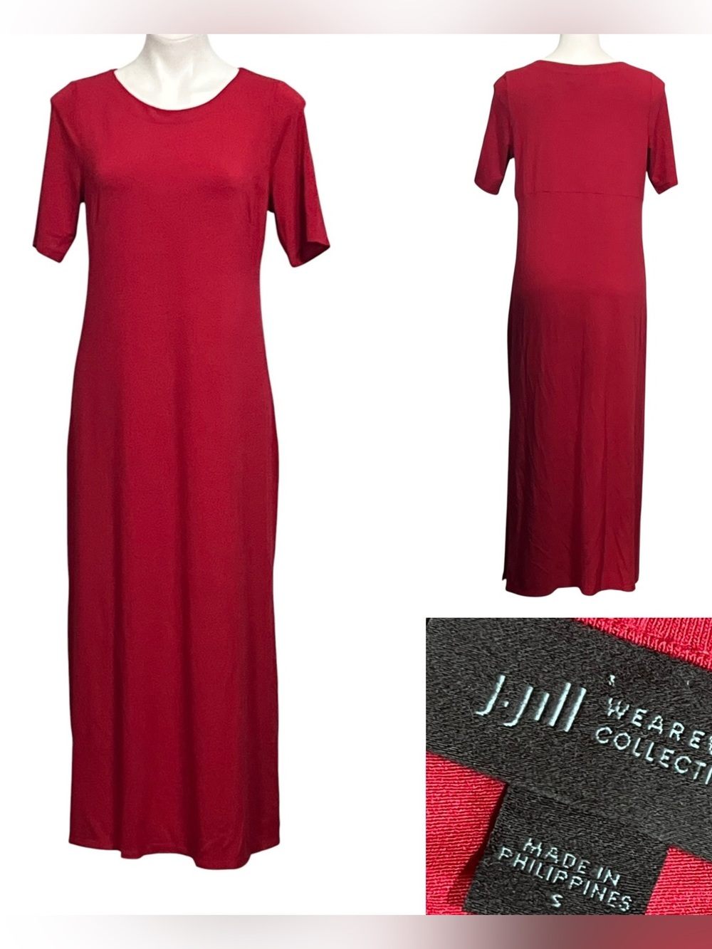 J. Jill maxi dress sm Red Short-Sleeve Crew Neck stretch casual side slit fall